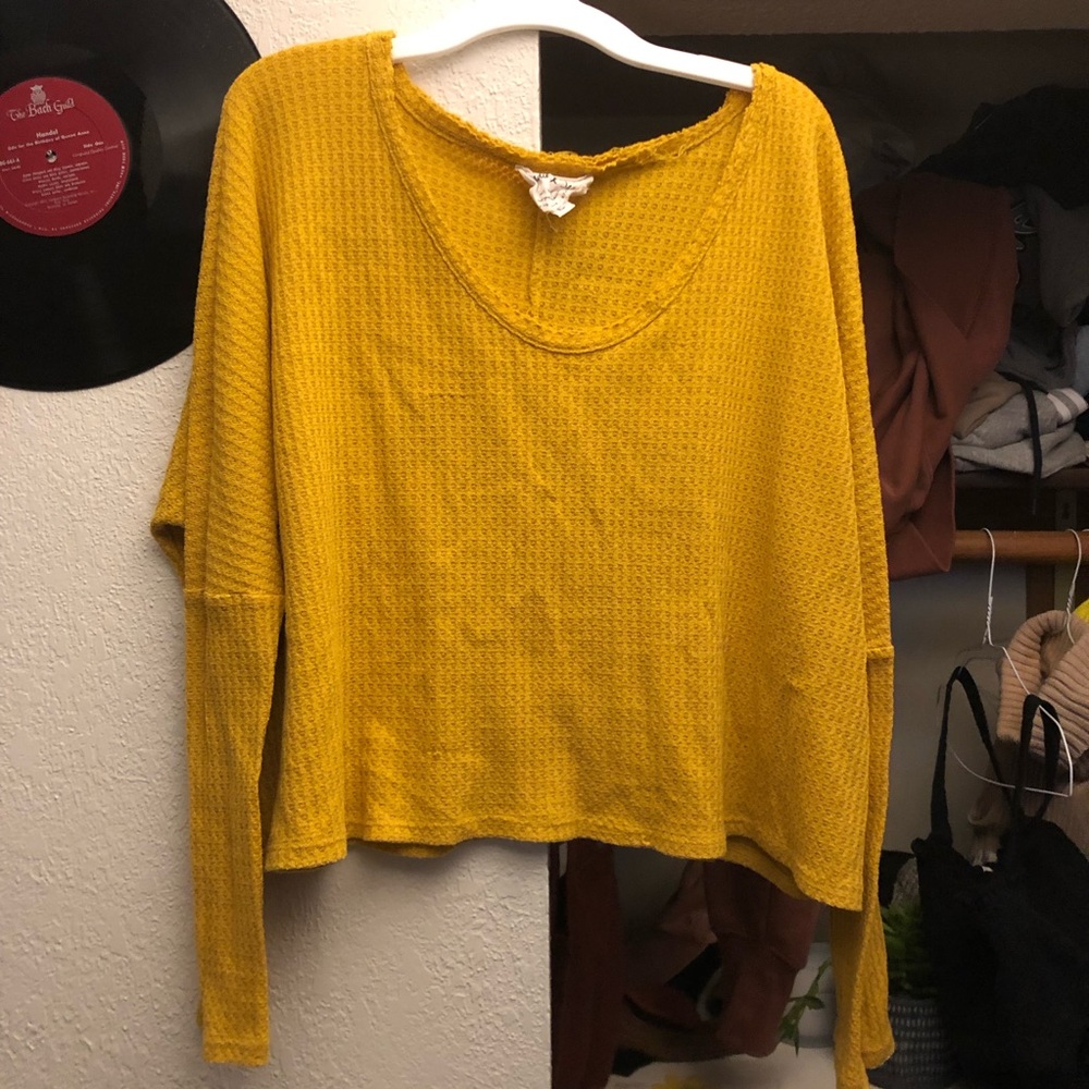 yellow waffle knit long sleeve scoop neck top - Picture 1 of 4